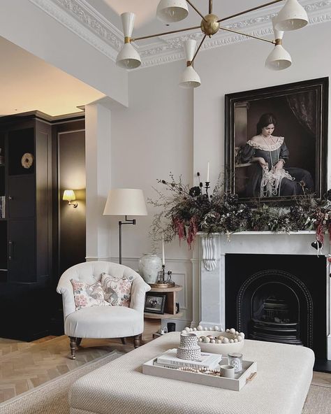 Our front and middle reception rooms are completely open plan, yet each room has its own sense of style and vibe. The front room (my room… | Instagram Reception Room Design, Slaked Lime, Front Room Design, Front Room Decor, Marble Fireplace Surround, London Interior Design, Old Fireplace, Reception Room, Contemporary Fireplace