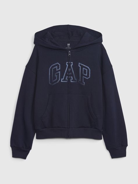 Soft knit hoodie.  Hooded neckline.  Long sleeves with dropped shoulders and banded cuffs.  Gap arch logo at front.  Front kanga pockets.  Banded hem.  Straight, easy fit.  Hits at the hip. Navy Blue Gap Hoodie, Cute Gap Hoodie, Black Zip Up Hoodies, Gap Hoodies, Latina Fits, Zip Up Hoodie Outfit, Clothes For School, Hoodie Gap, Gap Hoodie