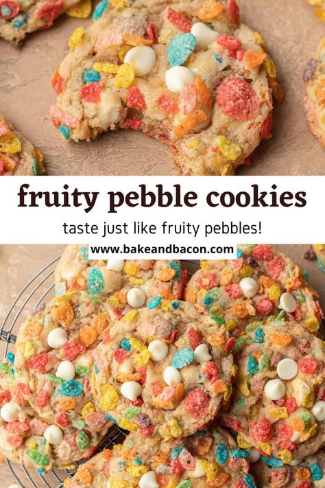 Fruity Pebble Cookies Cookie Recipes Fruity Pebbles, Flinstone Food Ideas, Fruity Pepples Desserts, Recipes Using Fruity Pebbles, Fruity Pebble Cookies Recipes, Fruity Pebble Desserts, Fruity Pebble Treats, Fruity Pepples, Coco Pebbles