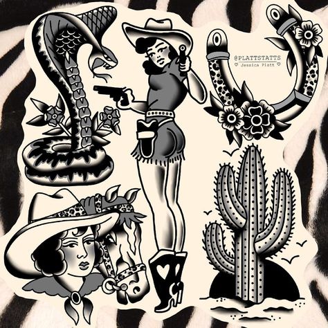 Western Scorpion Tattoo, Cowboy Traditional Tattoo Flash, American Traditional Western Flash, Pinup Tattoo Cowgirl, Western Tattoo Traditional, Western Pinup Tattoo, Cowboy Traditional Tattoo, American Traditional Cowgirl Tattoo, American Traditional Western Tattoo