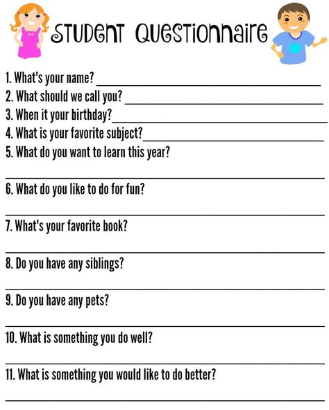 Student Questionnaire, Homework Club, Teacher Questionnaire, Elementary Worksheets, Teaching Boys, Pe Teachers, Homeschool Writing, Back To School Hacks, Free Teacher