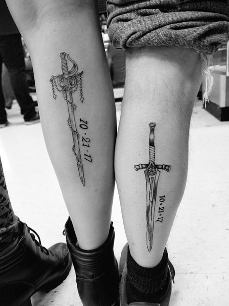 Our wedding date with his and her swords. ❤ #swordtattoo #coupletattoo #tattoo #ink #hisandhers Norse Couples Tattoo, Couples Lotr Tattoos, Couple Tattoo Ideas Unique, Viking Couple Tattoo, His And Hers Tattoos, Cross With Wings Tattoo, Fate Tattoo, Marriage Tattoos, Him And Her Tattoos