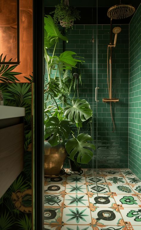 Copper Bathroom Accents, Bathroom Ideas Black And White Floor, Cottagecore Modern Aesthetic, Bathroom Design Eclectic, Dark Green Bathroom Aesthetic, Tropical Shower Bathroom, Eclectic Home Design, Orange And Green Bathroom, 70s Bathroom Aesthetic