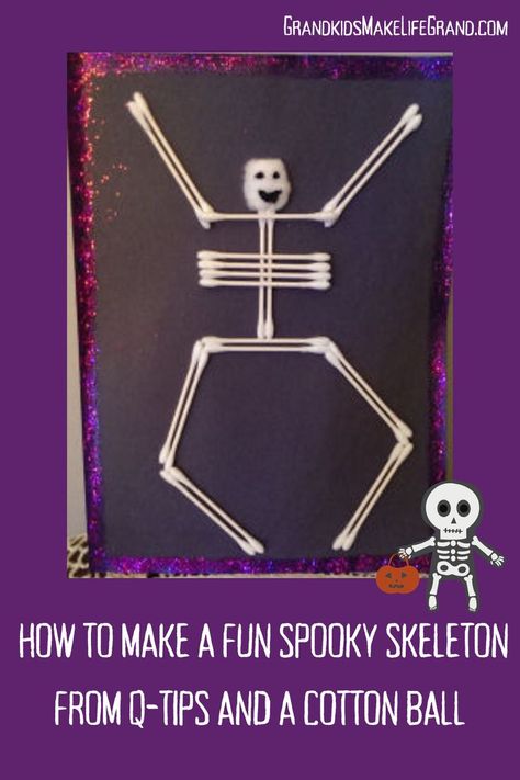 q-tips and a cotton ball made into a skeleton Diy Halloween Art, Skeleton Craft, Halloween Arts, Halloween Crafts For Toddlers, Spooky Skeleton, Halloween Arts And Crafts, Black Construction Paper, Baby Food Jars, Skeleton Art