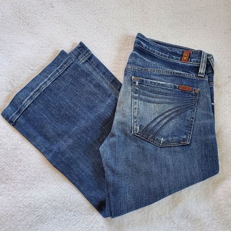 New, Never Worn Denim Capris/Clam Diggers. 30" Waist X 34" Hips X 21" Inseam X 8" Front Rise. 98% Cotton/2% Elastane. 7s For All Mankind, 7s Jeans, Outfit Ideas Western, Light Pink Jeans, Country Fits, Ads Manager, Country Clothes, Rolled Cuff Jeans, Western Fits