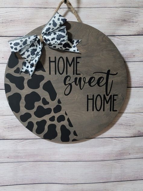 Cow Print Door Hanger, Cow Print Door, Handmade Farmhouse, Door Signs Diy, Signs Diy, Farm Cow, Hanger Wall, Round Door, Tiered Stand