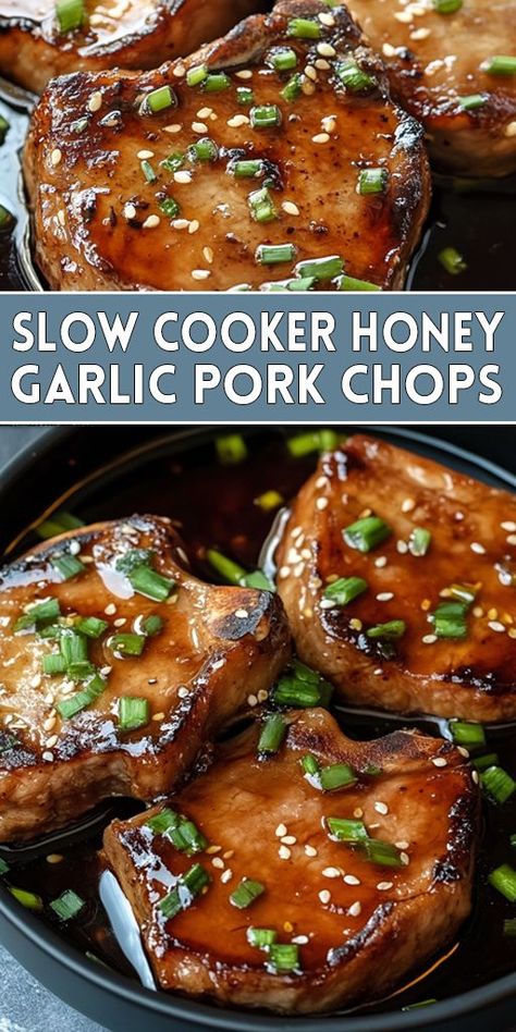 Slow Cooker Honey Garlic Pork Chops Ingredients: 4 boneless pork chops 1/2 cup honey 1/4 cup soy sauce 1/4 cup ketchup 4 cloves garlic, minced 1 teaspoon dried basil Salt and pepper to taste Fresh parsley, chopped (optional, for garnish) #slowcooker #porkchops #easyrecipes Pork Chops Slow Cooker, Honey Garlic Pork, Garlic Pork Chops, Garlic Pork, Honey Garlic Pork Chops, Slow Cooker Pork Chops, Fun Kitchen, Savory Sauce, Slow Cooker Pork