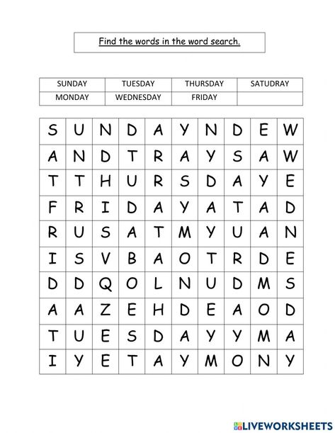 Days Of The Week Word Search, Work Search, Easy Toddler Activities, Easy Toddler, Days Of The Week, Day Work, Worksheets For Kids, Toddler Activities, Vocabulary