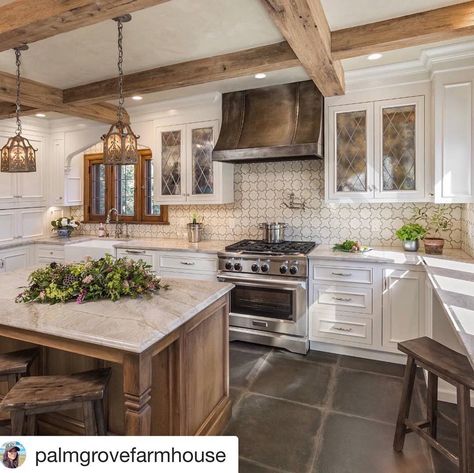 Streamline Realty, LLC. on Instagram: “#Repost @palmgrovefarmhouse ・・・ How do you feel about the rustic look of this kitchen? The rough-hewn beams, warm wood island and…” Tudor Kitchen, Best Flooring For Kitchen, Kitchen Floor Tiles Ideas, Farmhouse Kitchen Design, Ft Worth, Kitchen Floor Tile, Kitchen Inspiration Design, Kitchen Redo, Wood Beams