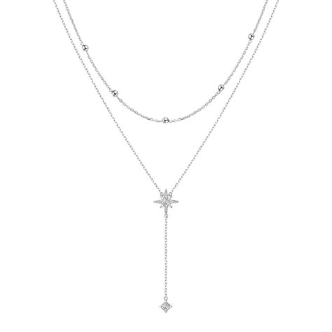 PRICES MAY VARY. Star layer necklace featuring AAA CZ,round beads,made of sterling silver,is layering,shinning lariat necklace for women. The lariat necklace length is 16"/18"(with 2" extender chain,so the necklace can go up to 20" ,adjustable),drop chain length:2" long,star drop:15mm/8mm. Material:Real 925 Sterling Silver, plating: rhodium; tarnish resistant, nickel-free, lead-free, cadmium-free;finish: high polish. Package: This long layered necklace come with exquisite jewelry box and a clean Hoco Necklaces, Neck Accessories Women, Prom Jewelry Silver, Big Silver Necklace, Silver Prom Jewelry, Senior Hoco, Hollywood Arts, Dainty Silver Necklace, Chain Necklace Women