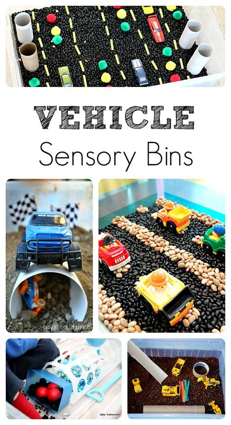 Vehicle Sensory Bins...fun play activities for kids School Diy Ideas, Transportation Theme Preschool, Lila Party, Super Mama, Sensory Tubs, Transportation Activities, Sensory Tub, Sensory Bottle, Sensory Bags