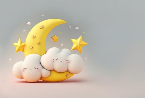 Yellow crescent moon with stars and cute... | Premium Photo #Freepik #photo #lullaby #good-night #moon-icon #3d-star Moon 3d Art, Crescent Moon With Stars, Yellow Crescent Moon, Cartoon Moon, Moon With Stars, Moon 3d, Cute Clouds, Photo Yellow, Moon Cartoon