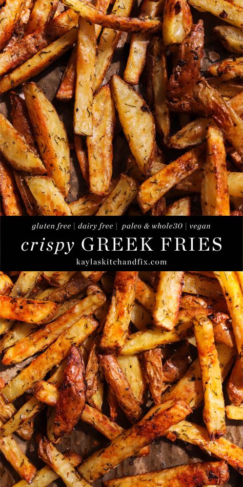 I am a side of fries girl through and through, and these Crispy Lemon Greek Fries are my favorite addition to any meal. They are flavorful and actually have that crunchy texture that you would expect at a restaurant. They pair perfectly with any Mediterranean inspired dish and are a fun way to change up the classic fry. Rosemary Fries, Greek Fries, Sweet Potato Buns, Refined Sugar Free Recipes, French Fries Recipe, Food Bars, Fries Recipe, Whole30 Recipes, Paleo Vegan