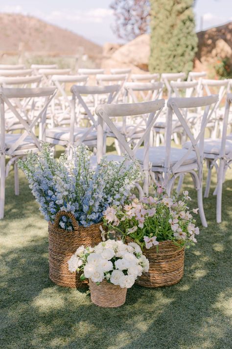 Flower Basket Wedding Aisle, Baskets With Flowers Wedding, Basket Florals Wedding, Hydrangea Basket Wedding, Wicker Basket With Flowers, French Blue And Pink Wedding, Blue Pink Flower Arrangements, Flowers In Baskets Wedding, Baskets Of Flowers Wedding