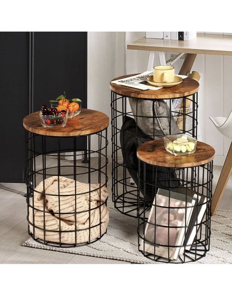 oneinmil Nesting End Table with Storage, Side Tables Wire Basket Table with Lid 3 Set, Round End Table with Removeable Top and Steel Frame for Living Room, Bedroom, Office, Rustic Tables With Storage, Nesting End Tables, Rustic Side Table, Living Room Tables, Accent Stool, Living Room End Tables, End Tables With Storage, Wire Baskets, Wood Surface