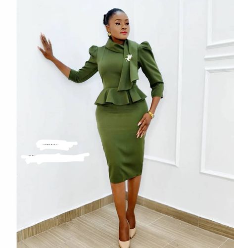 Modest but fashionable Office Peplum Tops For Women, Formal Pencil Skirt Outfit Classy, Elegant Fitted Peplum Top For Work, Elegant Peplum Sets For Workwear, Luxury Green Office Dresses, Peplum Dress Formal, Peplum Office Dress, Chic Peplum Dress For Office, Crepe Fashion