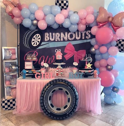 Gender Reveal Ideas For Party Burnouts Or Bows, Burnout Or Bows Cake, Car Theme Gender Reveal Ideas, Gender Reveal Ideas Burnouts Or Bows, Burn Out Or Bows Gender Reveal, Unique Baby Gender Reveal Ideas, Racing Gender Reveal Ideas, Burnouts Or Bows Gender Reveal Cake, Burn Outs Or Bows Gender Reveal