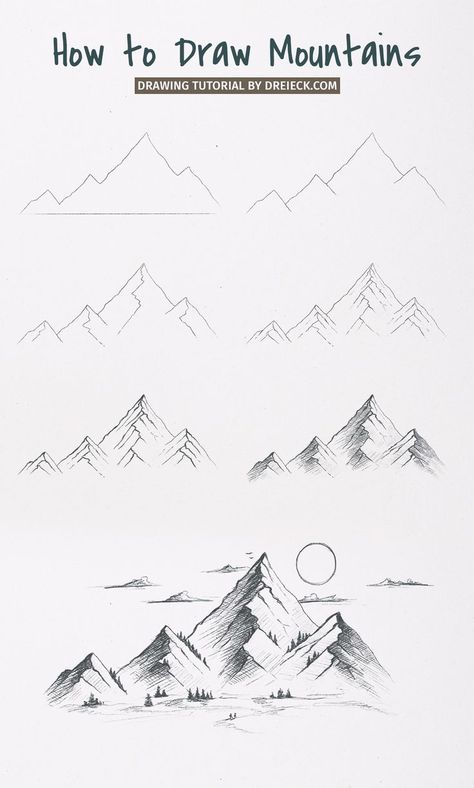 Mountains are absolutely fascinating. No wonder they are a popular subject for any kind of art. In this tutorial I’ll show you step by step how to draw mountains. At first glance, a mountain (or mountain range) is very complex – but with a few tricks, this look can be easily captured on paper! Landscape Drawings For Beginners, How To Draw Realistic Mountains, Drawing Ideas Easy Mountains, How To Draw Sketches Step By Step Pencil, Mountain Drawings Easy, Landscape Drawings Mountain, Landscape Tutorial Drawing, Mountains Simple Drawing, Sketching For Beginners Pencil