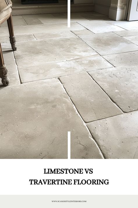 Trying to decide between limestone and travertine flooring for your home? Check out this pin for a detailed comparison! Discover the unique characteristics of each natural stone and get inspired with flooring ideas for your Scandinavian-style interiors. #limestone #travertine #flooring #naturalstone #ScandiStyleInteriors White Cabinets Stone Floor, Flooring Transition Ideas Kitchen, Bathroom Stone Floor Tile, Rustic Travertine Floors, Limestone In Bathroom, Limestone Kitchen Flooring, Blue Limestone Floor, Tumbled Limestone Bathroom Floor, Natural Kitchen Floor Tiles