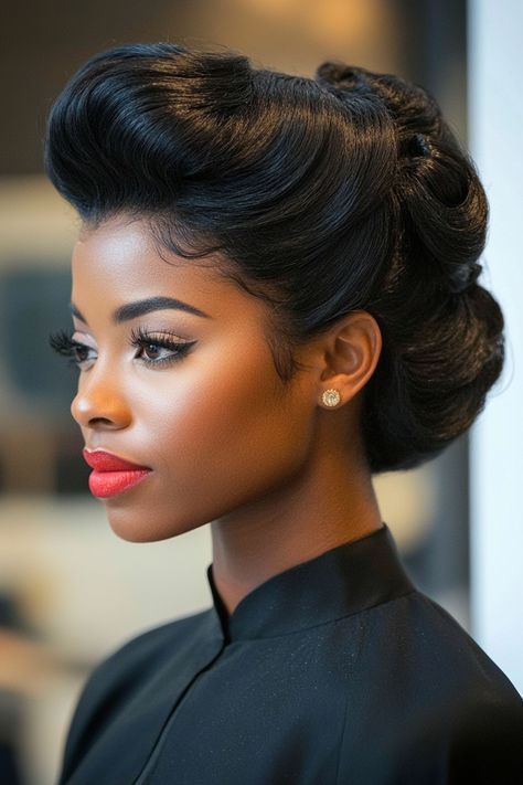 1920s Hairstyles Black Women, Formal Upstyles For Medium Hair, Modern Victory Rolls, Olivia Pope Hair Hairstyles, Updos With Wigs, 1930s Hair Black Women, Donut Hair Bun For Black Women, Big Hair Photoshoot Black Women, Hollywood Hairstyles Black Women