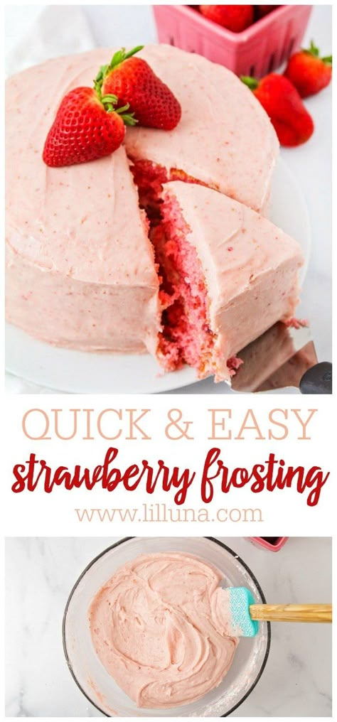 Sweet, ripe strawberries make this frosting irresistible! Creamy strawberry frosting is yummy on just about any cake or cupcake. #strawberryfrosting #frosting #strawberry #easystrawberryfrosting Strawberry Icing Buttercream, Strawberry Cake Icing Recipe, Icing For Strawberry Cake, Strawberry Icing With Fresh Strawberries, Strawberry Cake Icing, Strawberry Icing Recipe, Strawberry Buttercream Frosting, Strawberry Icing, Cake Frosting Recipe