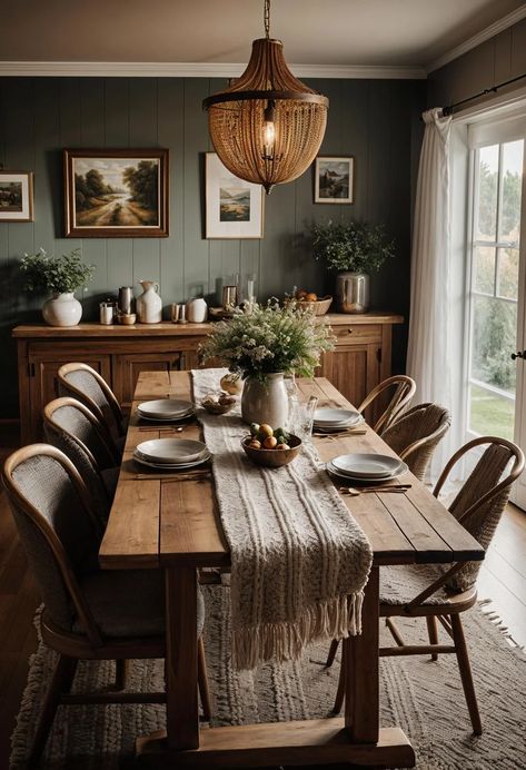 20 Chic Dining Room Ideas To Copy 7 Dining Room With Farmhouse Table, Small Dining Room With Patio Doors, Cottage Modern Dining Room, Dining Room With Kitchen Ideas, Neutral Green Dining Room, Cosy Dining Room Ideas Small Spaces, European Country Dining Room, Home Inspo Kitchen, Dining Room Design Cozy