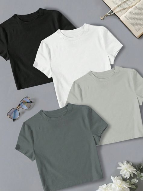 Multicolor Casual Collar Short Sleeve Fabric Plain  Embellished Slight Stretch  Women Clothing Simple T Shirts For Women, Plain Tshirt For Women, Plain Tee Shirts For Women, Cute Shirts Crop Tops, Plain T-shirts, Basic T Shirts Women, Plain Tshirt Outfit, Plain Tee Shirts, Tshirts For Women