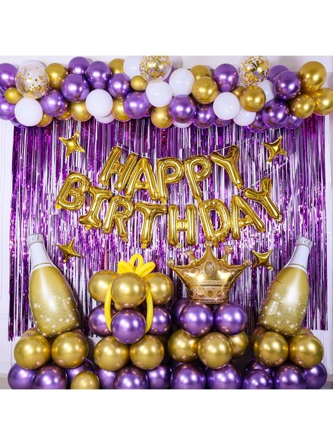 Purple  Collar  Latex   Embellished   Event & Party Supplies Purple Black And Gold Birthday Theme, Black Gold Purple Party Decor, Purple And Gold Decorations, Purple Birthday Party Ideas, Purple Gold Birthday, White Balloon Arch, Gold Happy Birthday Banner, Birthday Decorations For Women, Football Party Decorations