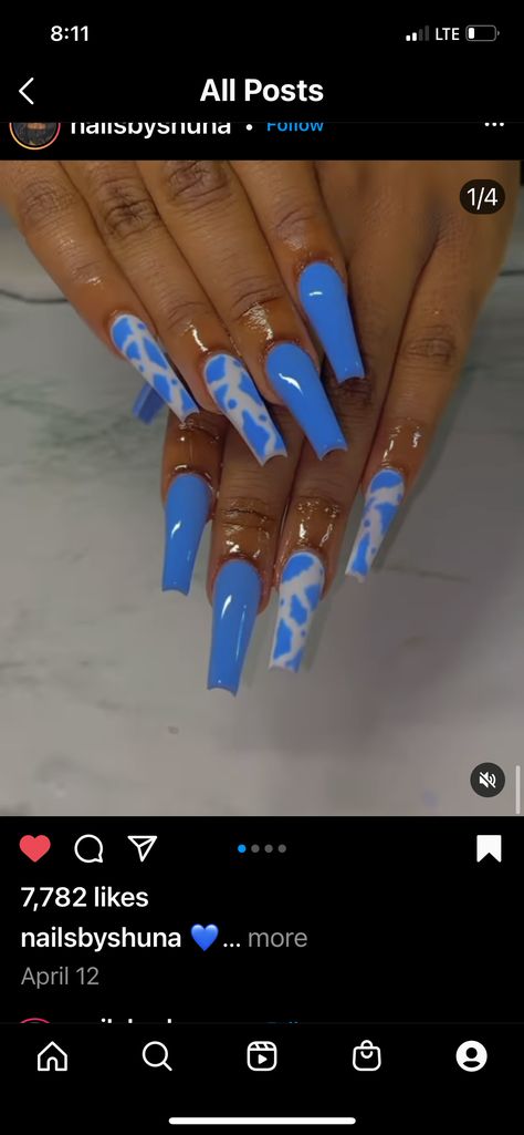 Blue Fire Nails, Blue Acrylic Nails Coffin, White Acrylic Nails With Glitter, Long Black Nails, Future Nails, Bday Nails, Sweet Nails, Tooth Gems, Indigo Nails