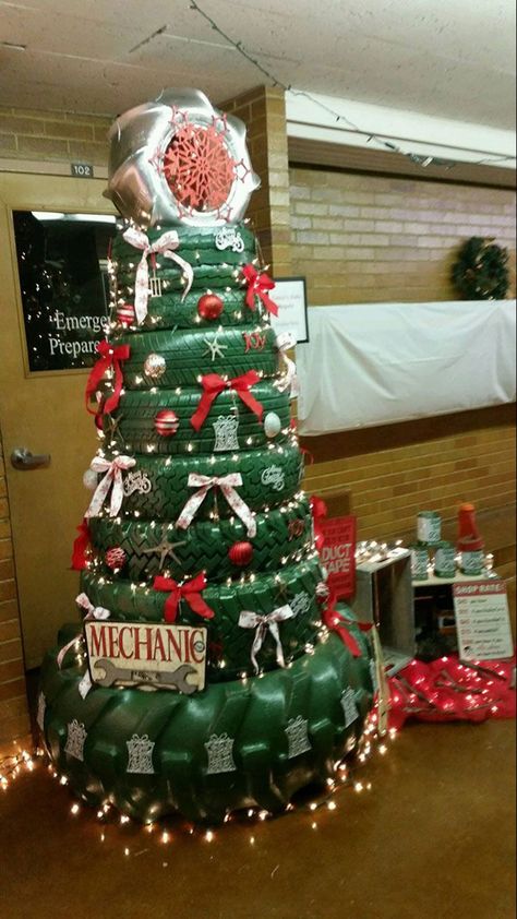 Peterbilt Christmas Tree, Auto Shop Christmas Decorations, Mechanic Christmas Tree, Tile Christmas Tree, Work Christmas Decorations, Tire Decor, Work Christmas Tree, 2023 Countdown, Autumn Table Settings