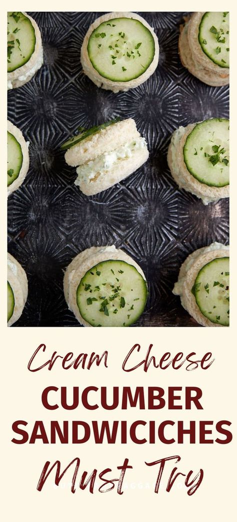 Cucumber sandwiches cut into circles with a cucumber slice on top. Filled Sandwiches, Cucumber Sandwiches Recipes, Cucumber Appetizers, Cucumber Sandwich, Cucumber Tea Sandwiches, Tea Party Sandwiches, Tea Sandwiches Recipes, Cucumber Bites, Party Sandwiches