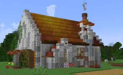 A typical thatch-cottage-style build, but with a bright orange tiled roof with a radial gradient instead of thatch. The walls are white, made primarily of diorite. On the left side is a large window and a lattice garden structure. There is a closed porch on the front and a small bell tower next to it. Closed Porch, Minecraft Roof, Radial Gradient, Minecraft Cottagecore, Lattice Garden, Honey Farm, Orange Tiles, Minecraft Medieval, Minecraft Plans