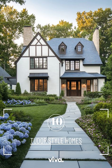 ♥ Are you dreaming of a charming Tudor-style home that combines modern elements with classic design? Dive into the beauty of this modern Tudor house exterior, featuring French and English cottage influences. Perfect for those who love cottagecore and cozy designs. Find your fairytale cottage today! 🏡🌿 #TudorStyleHomes #FrenchCottage #ModernCottage #CottageCore #CottageAesthetic American Exterior House, White Brick House Curb Appeal, Cottage With Courtyard, Character Homes Exterior, Quirky Home Exterior, Arch House Exterior, English Cottage Style Homes Exterior, Modern Cottage Homes Exterior, Dream Cottage House