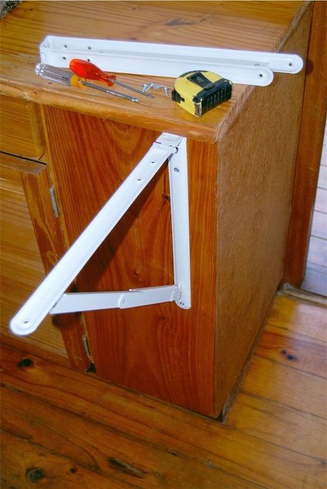 DIY Fold-Down Counter Extension for Your Tiny Kitchen Drop Leaf Countertop Extension, Counter Extension, Folding Shelf Bracket, Wooden Kitchen Cabinets, Kitchen Counter Organization, Garage Conversion, Rv Decor, Beautiful Kitchen, Space Saving Storage