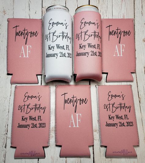 "FREE STANDARD SHIPPING with orders of $75 or more FREE Standard Shipping on orders of $35 or more. USA only. Standard Shipping delivery estimates are on the later end of the shipping estimates provided by Etsy. Upgrade your shipping to ship next business day. twenty one AF birthday party can cooler favors. Personalized with custom birthday party info. 21st Birthday favors SEE BELOW TO ORDER THE COLORED CAN COOLERS will always have the PARTIES saying on them. THE WHITE CAN COOLER with colored fo 21st Birthday Cup Ideas, 21st Birthday Favors Turning 21, 21st Birthday Sayings, 21st Birthday Koozies, 21st Birthday Cups, 21st Birthday Favors, 21st Birthday Party Favors, Birthday At The Beach, 21st Birthday Diy