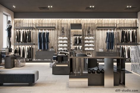 Men's clothing store in Kiev. on Behance Men's Clothing Store Design, Clothing Store Interior Design, Fashion Shop Interior, Luxury Clothing Store, Fashion Store Design, Clothing Store Displays, Retail Store Interior Design, Clothing Store Interior, Clothing Store Design