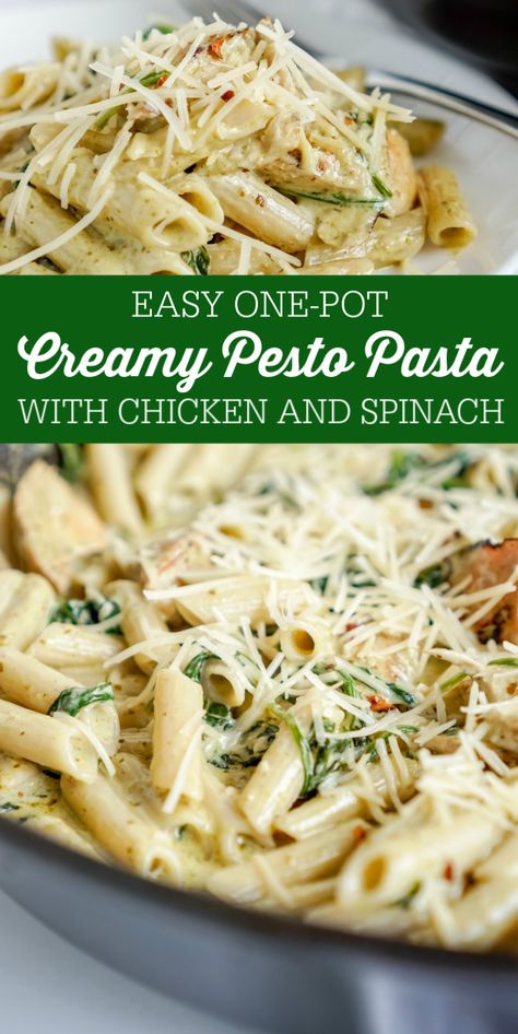 Easy One Pot Creamy Pesto Chicken Pasta! This Chicken Spinach Pesto Pasta is SO good and the perfect 30 minute dinner idea! My family loves this Creamy Pesto Chicken Pasta Recipe! #lemonpeony #creamy #pesto #chicken #pasta #easy #quick #dinner #idea #recipe Pasta Easy Dinner, Pesto Pasta Recipes Chicken, Creamy Pesto Chicken, Recipe With Spinach, Spinach Pasta Recipes, Creamy Pesto Chicken Pasta, Creamy Pesto Pasta, Pasta With Chicken, Pasta Penne