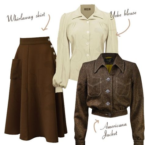 1940s outfit idea for Goodwood Revival 1029 ...Yoke Blouse in 'antique' with a lovely brown whirlaway skirt and topped with an Americana Jacket. Warm and lovely 1940s style 😍 40s Clothing, 40s Mode, 40s Outfits, Vintage Style Clothing, 1940s Outfits, Woman Outfit, Goodwood Revival, 1940s Style, Retro Pin Up