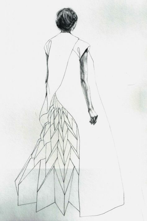 Yuki Hagino via 1Granary Croquis, Fashion Dress Sketch, Origami Sketch, Fashion Origami, Mode Origami, Dress Sketch, Origami Dress, Origami Fashion, Geometric Fashion