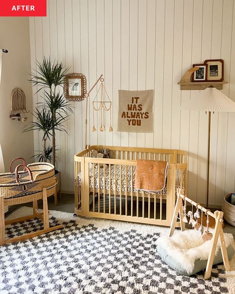 Checkered Nursery, Boho On A Budget, Design Airbnb, Brown Crib, Coastal Interior Design, Nursery Makeover, Nursery Accent Wall, Boy Nursery Themes, Baby Nursery Inspiration