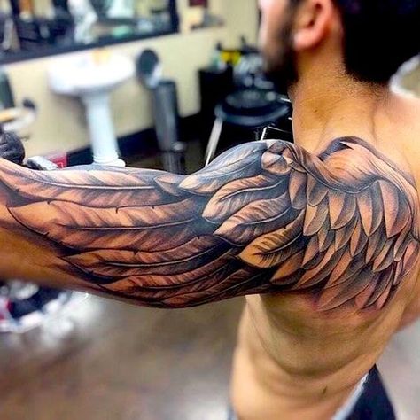 Wing Tattoo Arm, Tattoos Arm Mann, Simple Shoulder Tattoo, Voll Arm-tattoos, Angel Wing Tattoo, Wing Tattoo Men, Shoulder Sleeve Tattoos, Cool Shoulder Tattoos, Cool Half Sleeve Tattoos