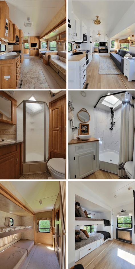 Meet “Betty," a renovated Jayco 5th Wheel that was transformed into a modern cottage on wheels by @driftless_rv_renovators. #rvrenovation #camperremodel #rvinterior #rvmakeover #rvinspiration #modernrv #glamping #customcamper #customrv #rvflippers #rvrenovators #renovatedfifthwheel #rvinteriorideas #rvinteriordesign #homeonwheels #styleonwheels #rvreno #glampingnotcamping #rvremodel #rvliving #fifthwheel #fifthwheelliving #fifthwheelremodel #moderncottage #tinyliving #wanderfulrvinteriors Fifth Wheel Master Remodel, Fifth Wheel Living Room Remodel, Luxurious Rv Interior, Small Fifth Wheel Remodel, Remodeling Campers Interior On A Budget, Renovated Fifth Wheel Camper, Remodeled 5th Wheel Rv Interior, 5th Wheel Remodel Ideas, Fifth Wheel Decor