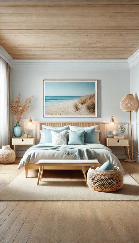 Transform your space with a serene home bedroom refresh! This calming coastal design showcases soft blues and natural textures that evoke tranquility. Perfect for creating a peaceful retreat. #BedroomGoals #InteriorDesign #HomeDecor Coastal Scandi Bedroom, Coastal Rattan Bedroom, Dusty Blue Room Ideas, Coastal Scandinavian Style Bedroom, Coastal Calm Bedroom, Neutral Coastal Bedroom, Modern Coastal Bedroom Ideas, Bedroom Ideas Blue, Coastal Styling