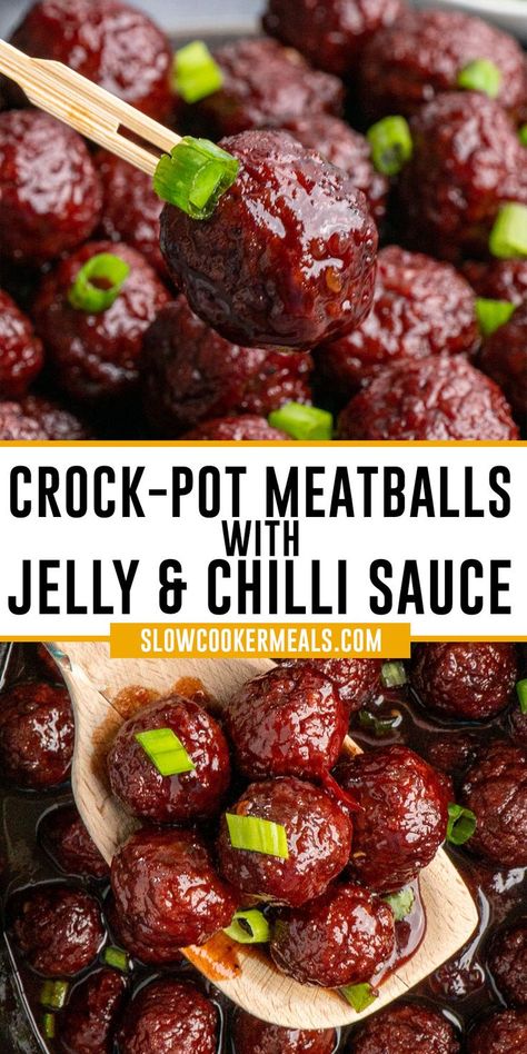 Close up of meatballs with grape jelly and chili sauce over a slow cooker being held by a toothpick and wooden spoon. Meatballs Crockpot Grape Jelly, Meatballs With Jelly, Grape Jelly Chili Sauce Meatballs, Heinz Chili Sauce Recipe, Meatballs Grape Jelly Chili Sauce, Best Crockpot Meatballs, Meatballs With Grape Jelly, Chili Sauce Meatballs, Meatball Appetizer Crockpot