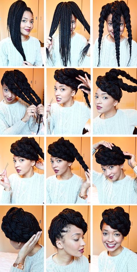 Hair, box braide style...I could probably do a similar style with just my hair. Gotta try! Box Braids Updo, Trendy We Fryzurach, Twisted Hair, No Heat Hairstyles, Hair Afro, Crochet Braids Hairstyles, Box Braids Styling, Braided Hairstyles Updo, Black Hairstyles