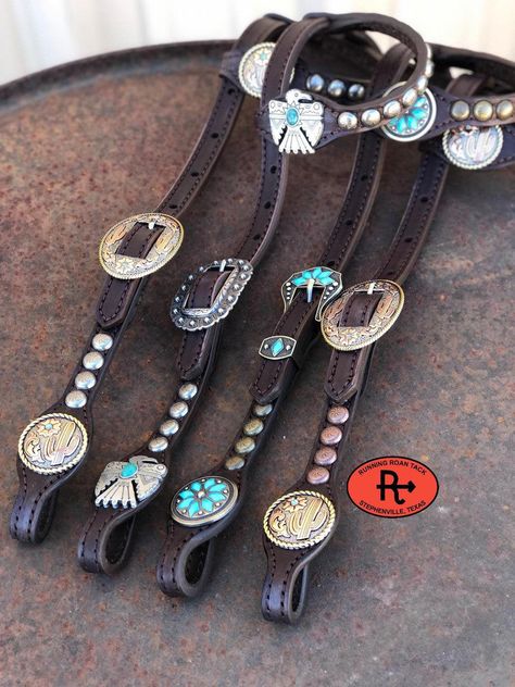 This is our best selling headstall style! "Texas in 1880" style headstall with a sliding single ear. Big, punchy metal dots give this headstall a vintage flair. Simple lines and narrow cheeks allow this headstall to compliment any horse's head. The buckles are riveted on for safety. This headstall is made with our signature dark chocolate bridle leather and is lined with durable, sweat resistant oil tan leather. Handmade from scratch in our workshop in rural Stephenville, TX. HARDWARE OPTIONS: Choose the conchos and buckles you'd like from the list above. You can conveniently view photos of all of the conchos/buckles on this page of our website: https://runningroantack.com/pages/buckles-conchos (opens in new tab/window) SIZING INFORMATION: This headstall is our short cheek size, adjusting Western Horse Tack Turquoise, Bling Horse Tack, Wither Strap, Clear Handbags, Checkbook Covers, Spur Straps, Horse Accessories, Wallet Organization, Handbag Straps