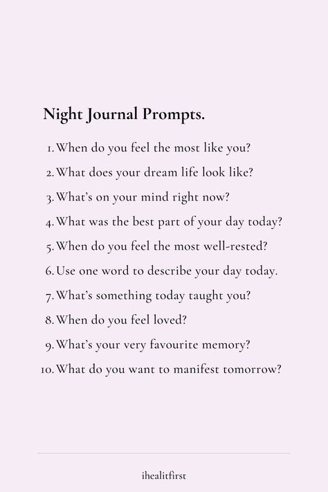 journal prompts, journaling, mindfulness, personal growth, self-care, mindset, anxiety, manifestation, Night Journal Prompts, Night Journal, Mindfulness Journal Prompts, Journal Inspiration Writing, Journal Questions, Healing Journaling, Gratitude Journal Prompts, Daily Journal Prompts, Self Care Bullet Journal