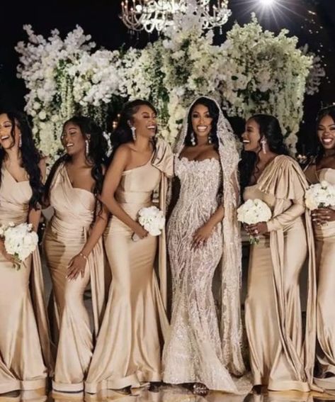 Champagne Colored Bridesmaid Dresses, Colored Bridesmaid Dresses, Black People Weddings, Brown Wedding Themes, Champagne Dresses, Brown Bridesmaid Dresses, Gowns Couture, Dream Wedding Reception, Dream Wedding Decorations