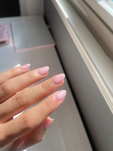 Short Gel Nails Light Colors, Simple Acrylic Nails Pink And White, Cute Simple Light Pink Nails, Oval Pointy Nails Short, Short Clean Almond Nails, Light Natural Pink Nails, Solid Pink Acrylic Nails Almond, Short Dip Nails Almond Shape, Light Pink Nails On Pale Skin