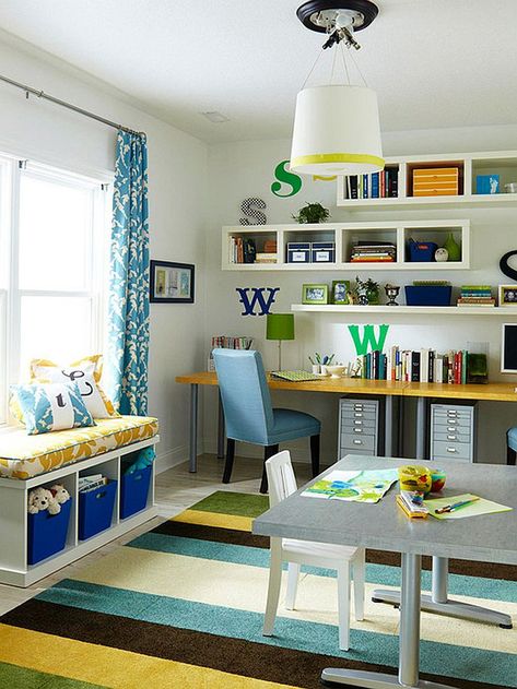 Multipurpose Magic: Creating a Smart Home Office and Playroom Combo Office Playroom Combo, Corner Bench With Storage, Office Seating Area, Bedroom Window Seat, Playroom/living Room, Craft Room Desk, Bedroom Seating Area, Living Room Playroom, Home Office Layout